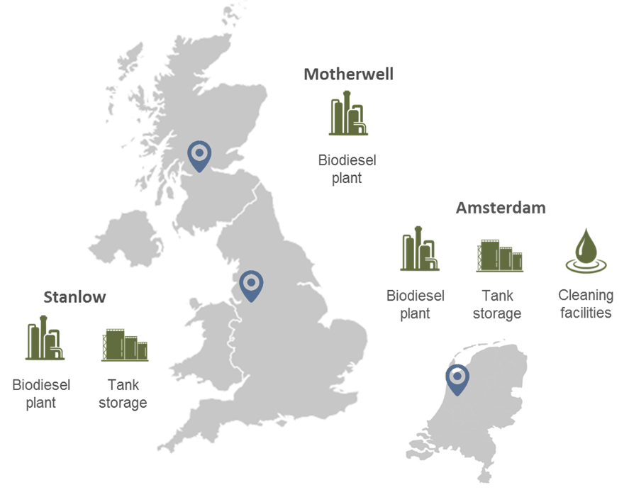 graphic of the UK and the Netherlands displaying Argent Fuels plant locations